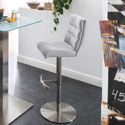 Schicker Barstuhl mit Höhenverstellung in Hellgrau Stoff Anglesio & Edelstahl