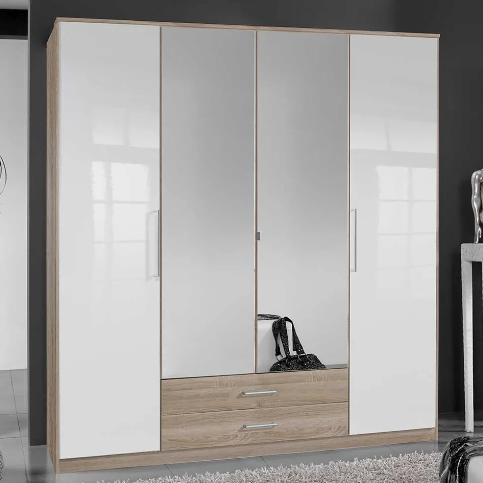 Schlafzimmer-Kleiderschrank in Weiß HG & Eiche sägerau - Grands