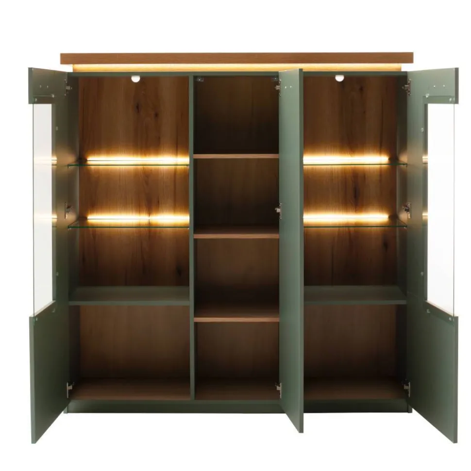 Schrank Vitrine in Graugrün und Eiche - Kwin