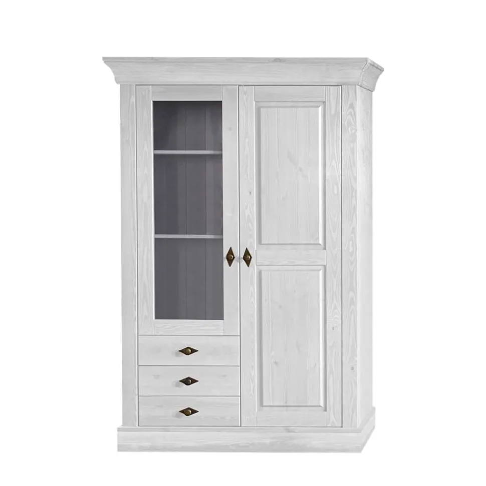 Schrank Vitrine Satumare in Weiß Kiefer teilmassiv