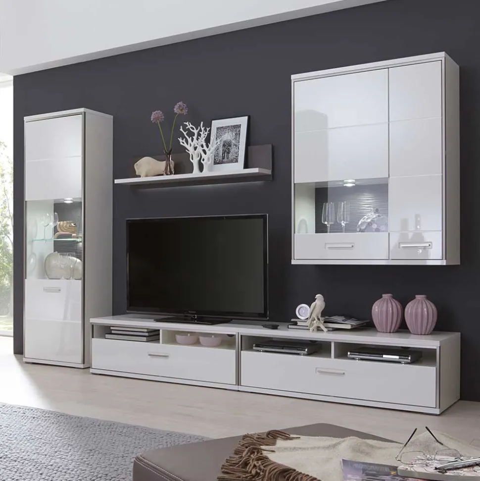 Schrankwand Tacroma in Weiß Hochglanz (fünfteilig)