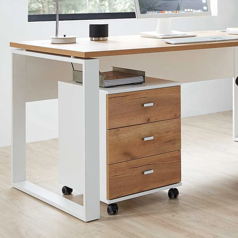 Schreibtisch Rollcontainer in Weiß & Eiche - Novumsa