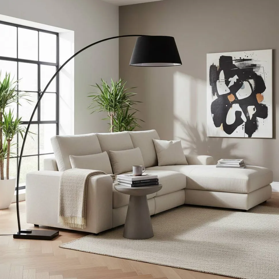 Schwarze Bogen Stehleuchte mit Textil-Schirm - Iljana