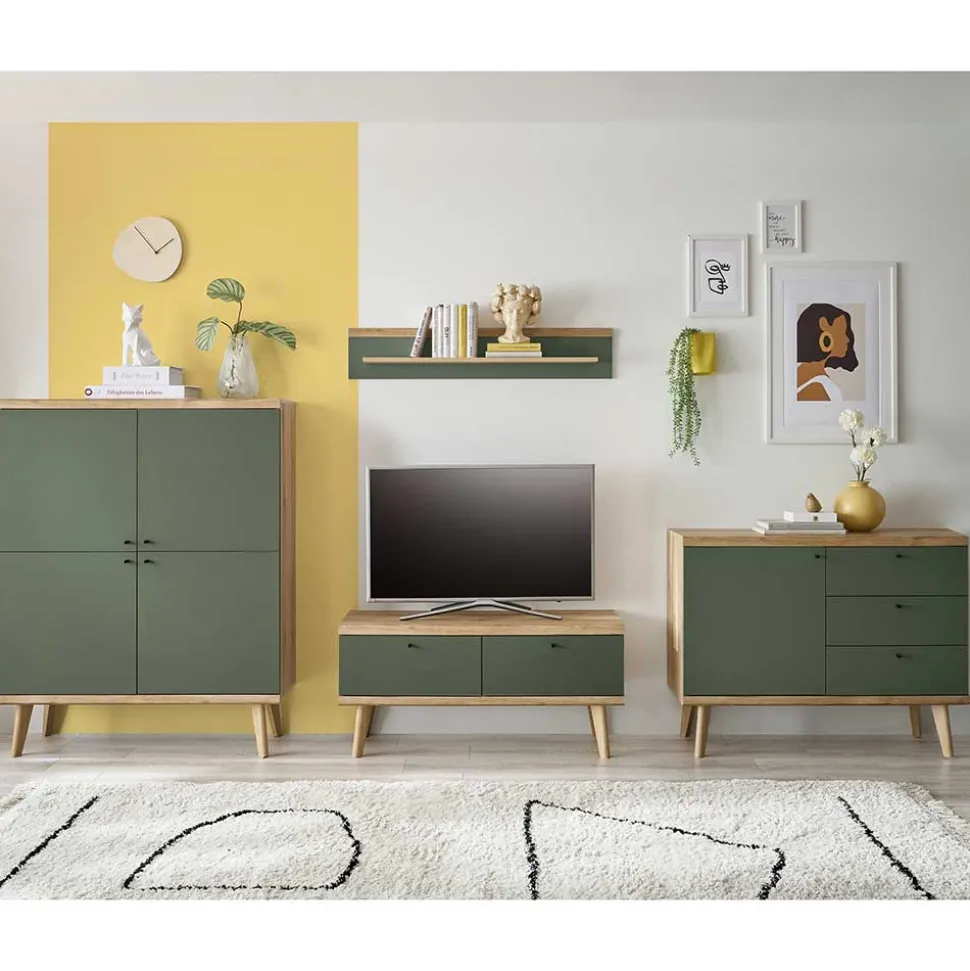 Skandi Anbauwand-Möbel in Graugrün - Oliva (vierteilig)