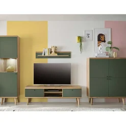 Skandi Wohnwand Möbel in Graugrün - Oliva (vierteilig)