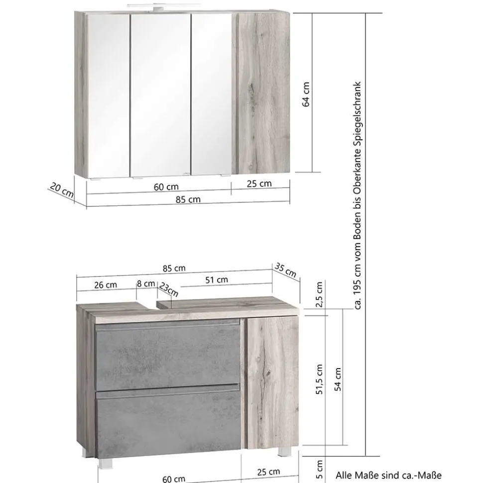 Spiegelschrank 4-türig & Unterbeckenschrank - Mia (zweiteilig)