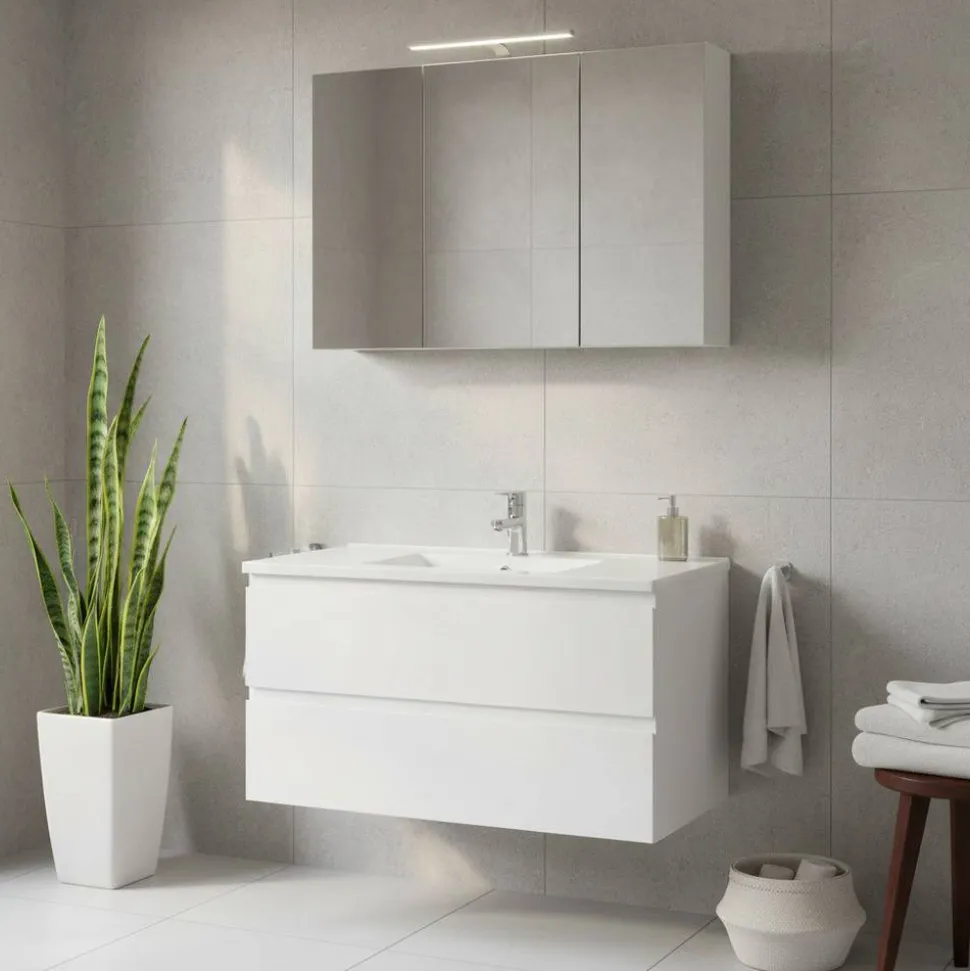 Spiegelschrank und Waschtisch Concetada in Hochglanz Weiß (zweiteilig)