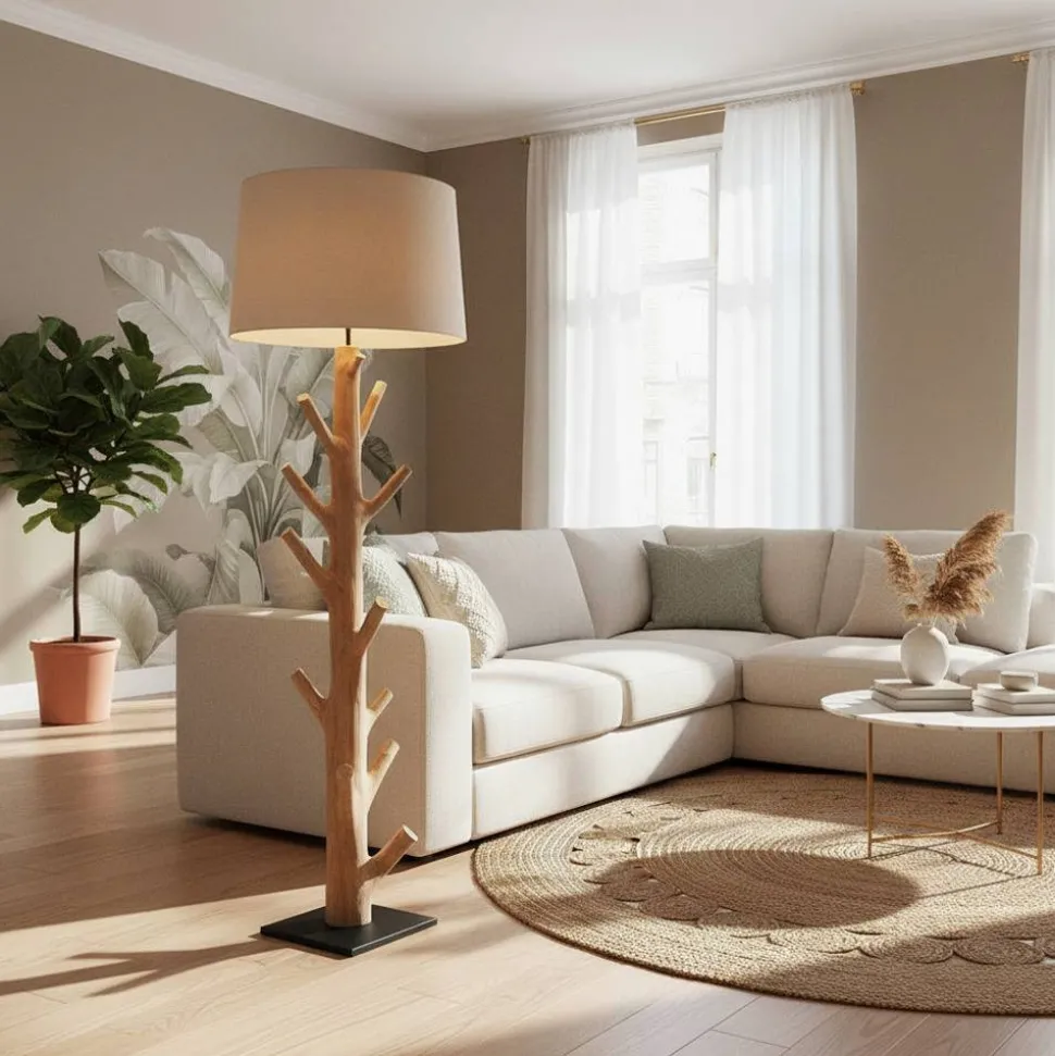 Stehlampe mit Stoffschirm und Naturholz Fuß - Longli