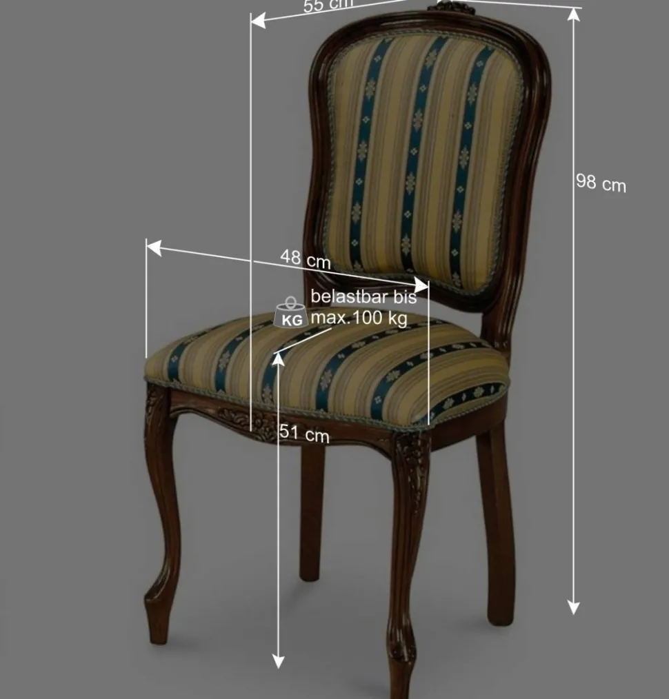 Stilvoller Barock Polsterstuhl Magari mit Stoff Blau Gelb