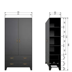 Teilmassiver 94x180x40 Kiefernholz Kleiderschrank in Schwarz - Ilvessino