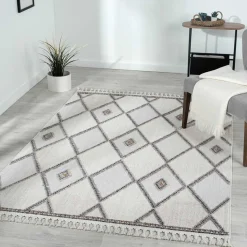 Teppich mit Rauten Muster in Beige und Weiß - Nikolan