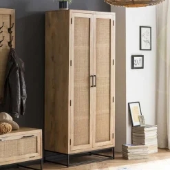 2-türiger Flurschrank aus Holz & Rattan Geflecht - Lazianus