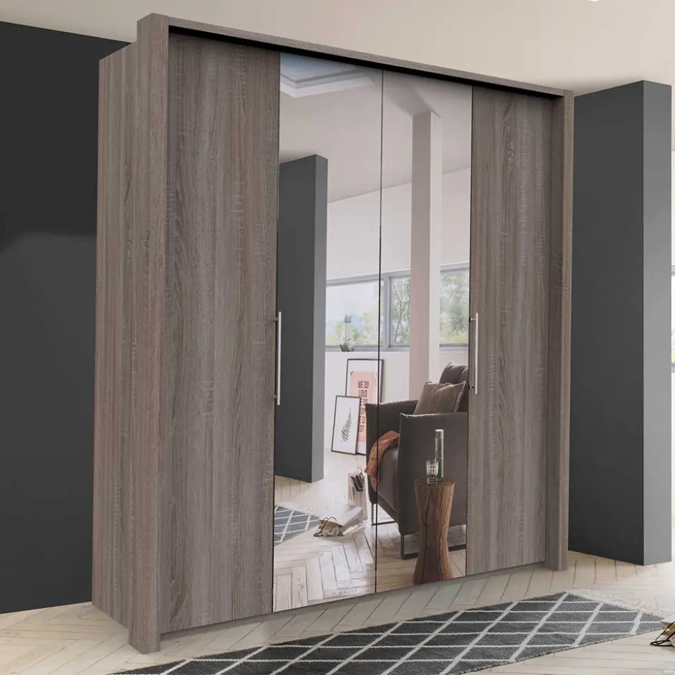 2-türiger Holz Look Kleiderschrank mit Spiegel - Crenba