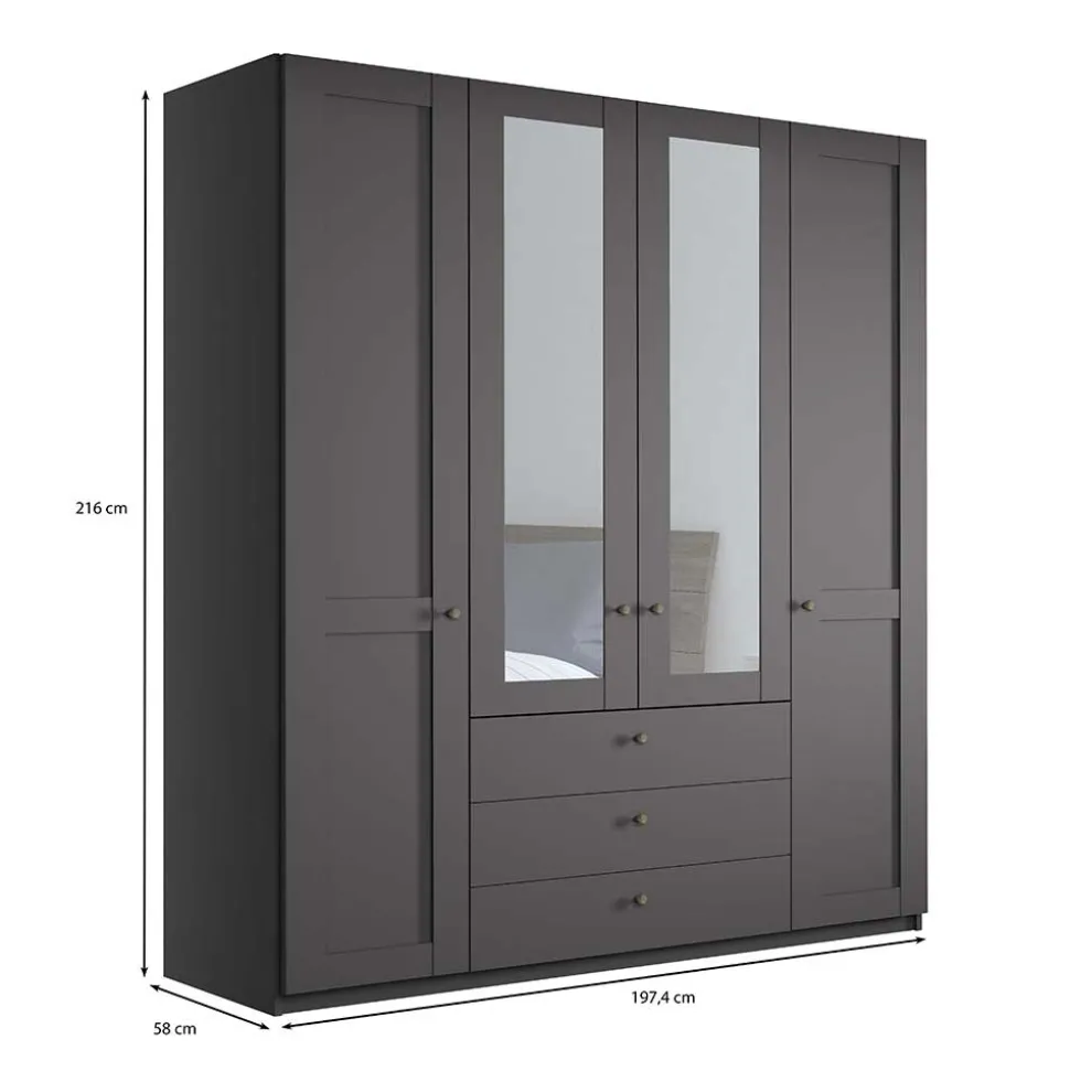 4-türiger Kombi-Schlafzimmerschrank in Dunkelgrau - Mataram