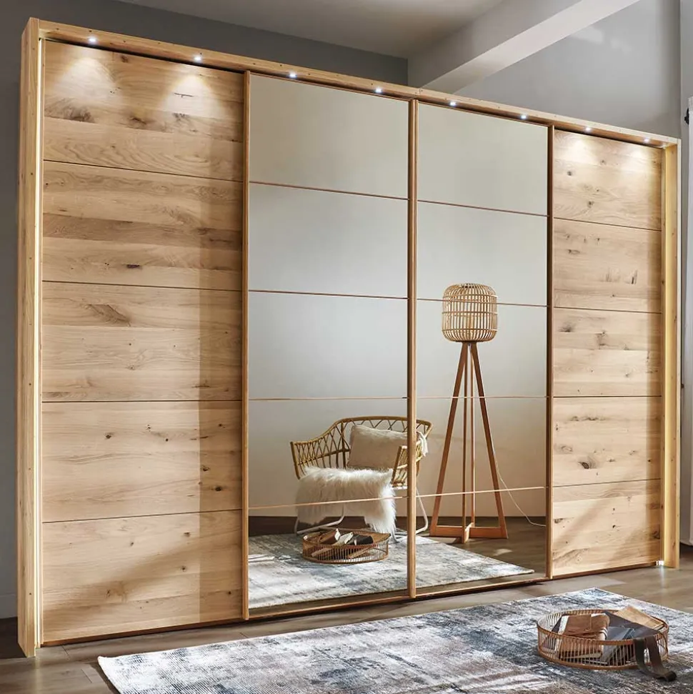 4-türiger Schwebetürenschrank in Eiche Bianco - Brownie