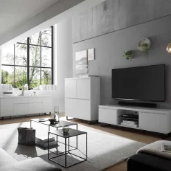 4-türiges Highboard in Weiß mit Schwarz - Atela