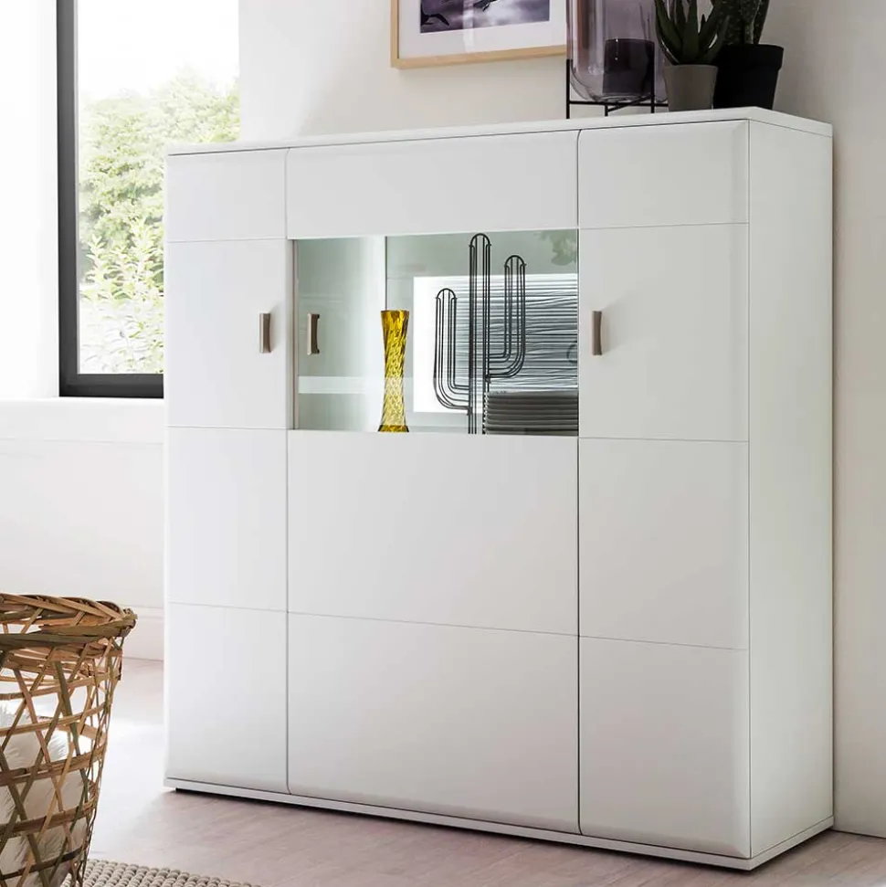 3-türiges Highboard mit Glas Einsatz in Weiß - Hazime