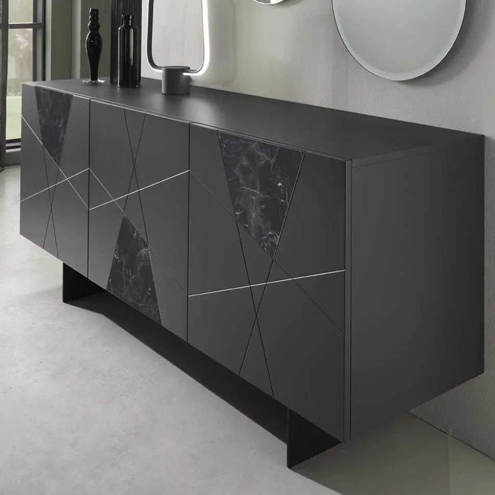 3-türiges Sideboard mit Marmor Einsätzen Schwarz - Wakes