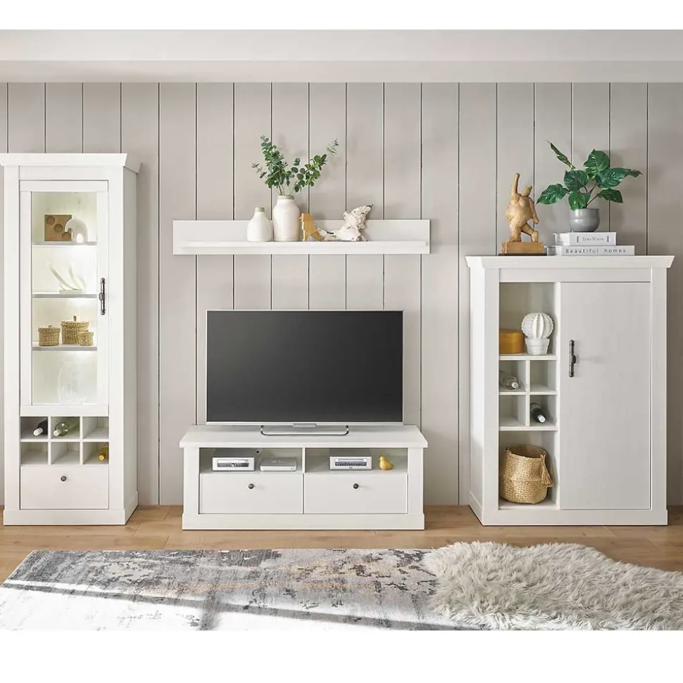 TV Anbauwand Set in weißer Holzoptik Pinie - Liancos (vierteilig)