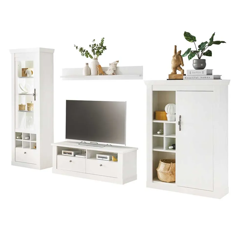 TV Anbauwand Set in weißer Holzoptik Pinie - Liancos (vierteilig)