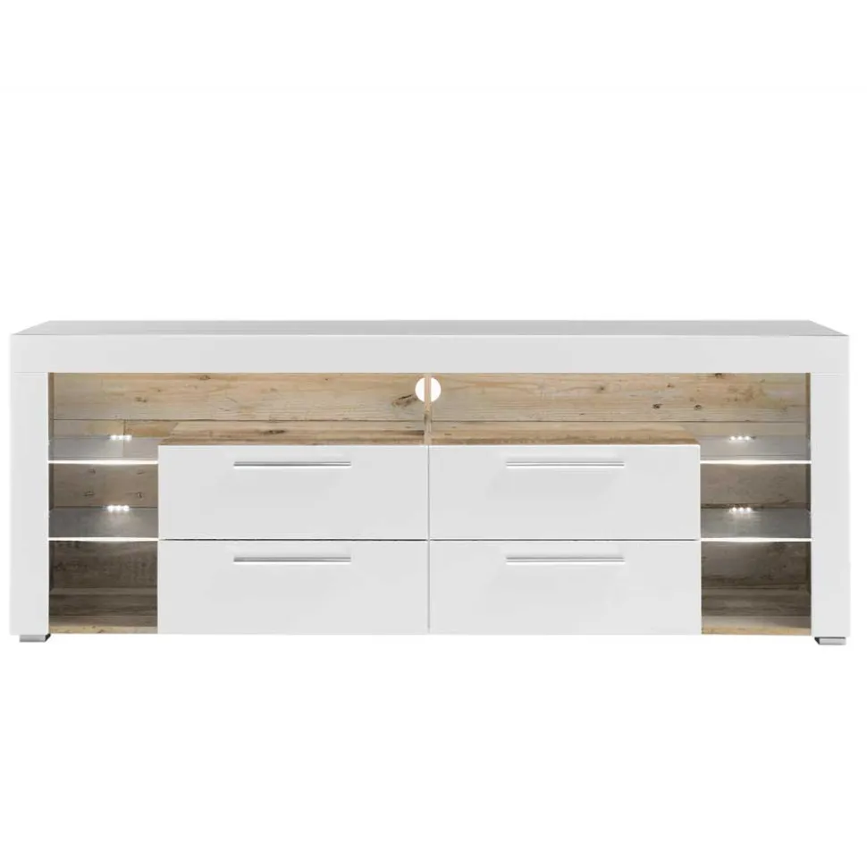 TV Lowboard in Weiß HG & Holz Antik Dekor - Masina