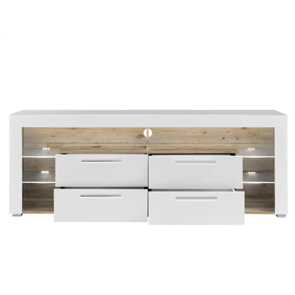 TV Lowboard in Weiß HG & Holz Antik Dekor - Masina