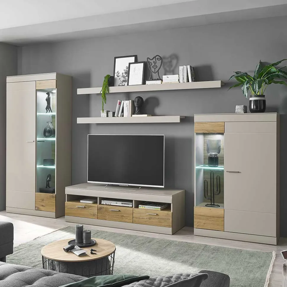 TV Wohnwand in Hellgrau & Zinneiche - Lioscas (fünfteilig)