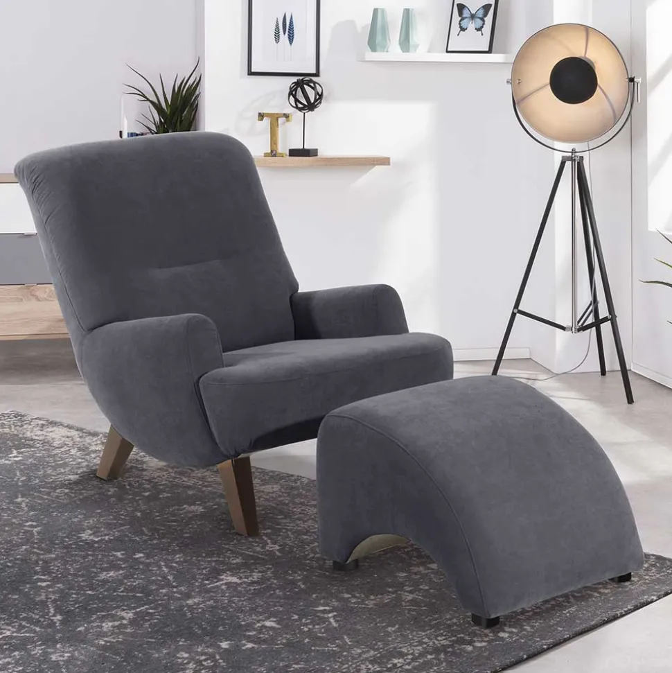 Velours Sessel in Anthrazit und Nussbaum - Izmael