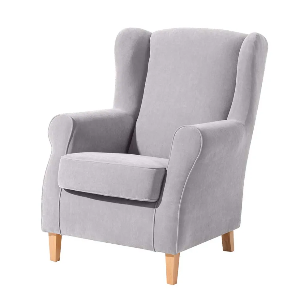Velours-Ohrensessel in Silbergrau und Buche - Jiletta