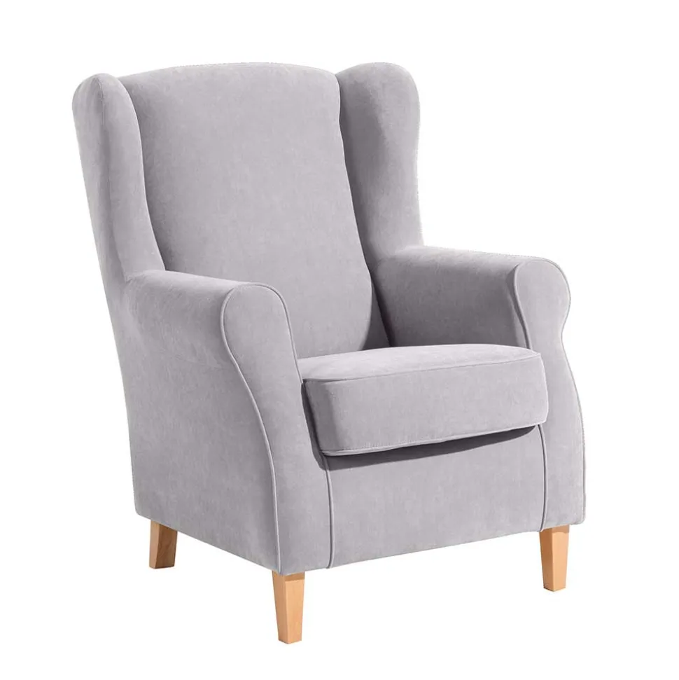 Velours-Ohrensessel in Silbergrau und Buche - Jiletta