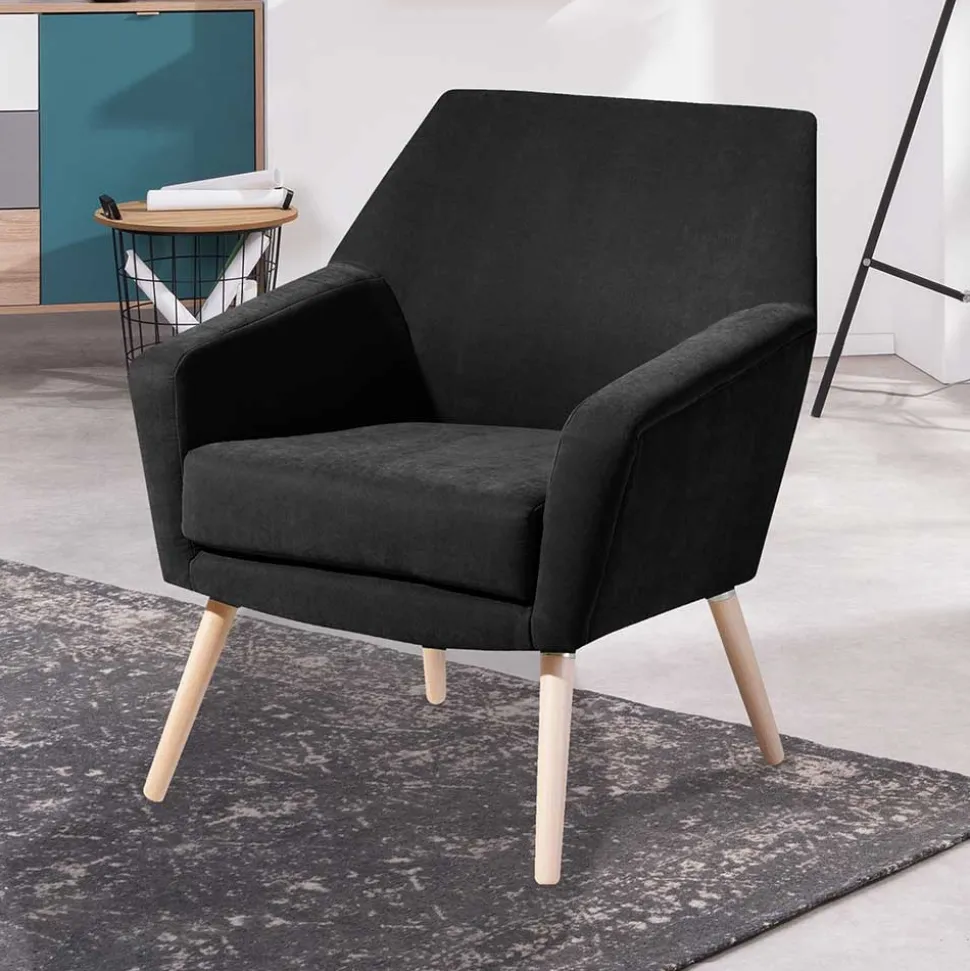 Velourssessel in Schwarz mit Buche Natur - Nocena