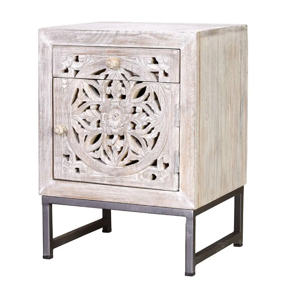 Vintage Nachtschrank aus Mangoholz White Wash - Fudorus