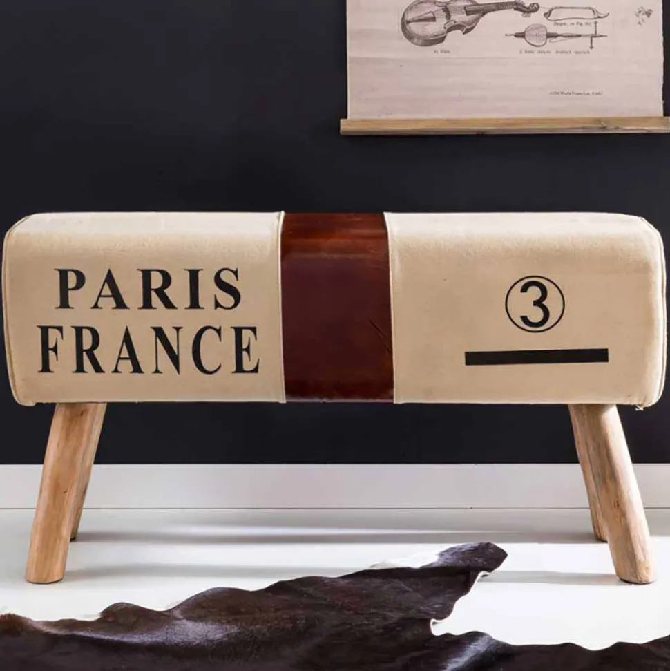 Vintage Polsterbank Clause mit Holz Leinen Echtleder