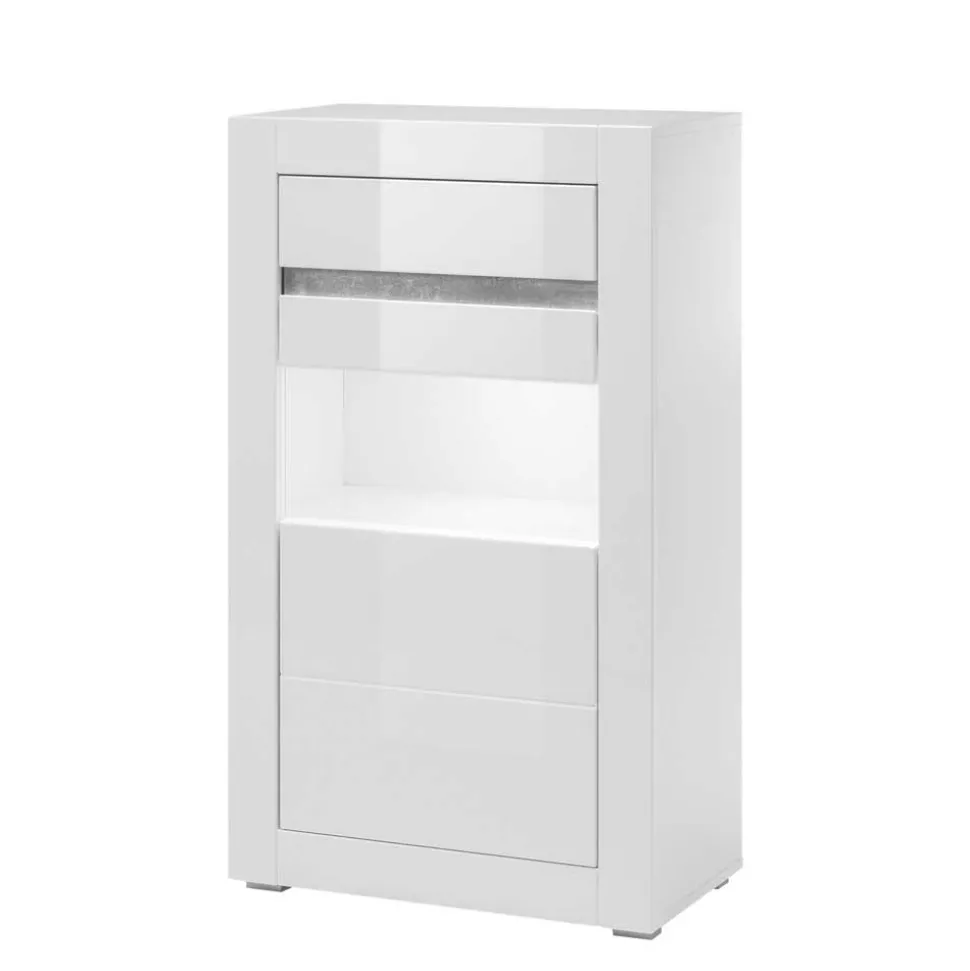 Vitrine in Hochglanz Weiß Mextra mit Beton Dekor Absetzung