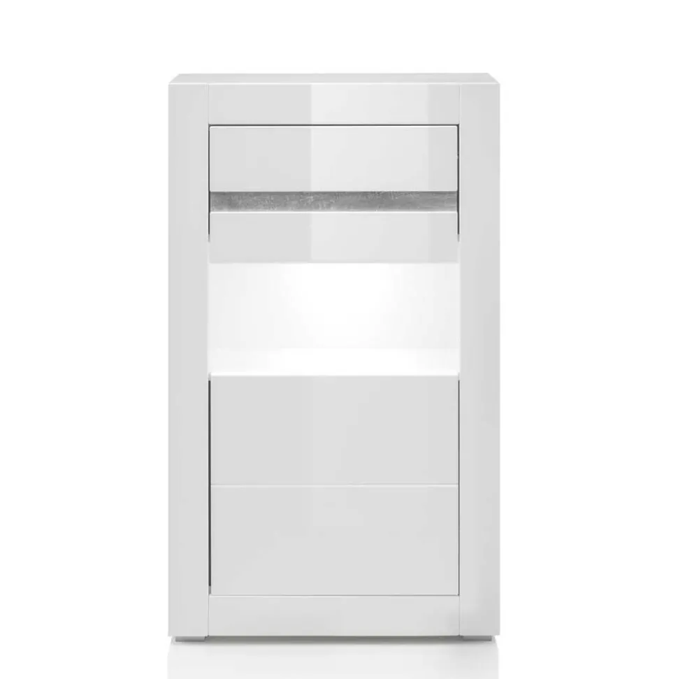 Vitrine in Hochglanz Weiß Mextra mit Beton Dekor Absetzung