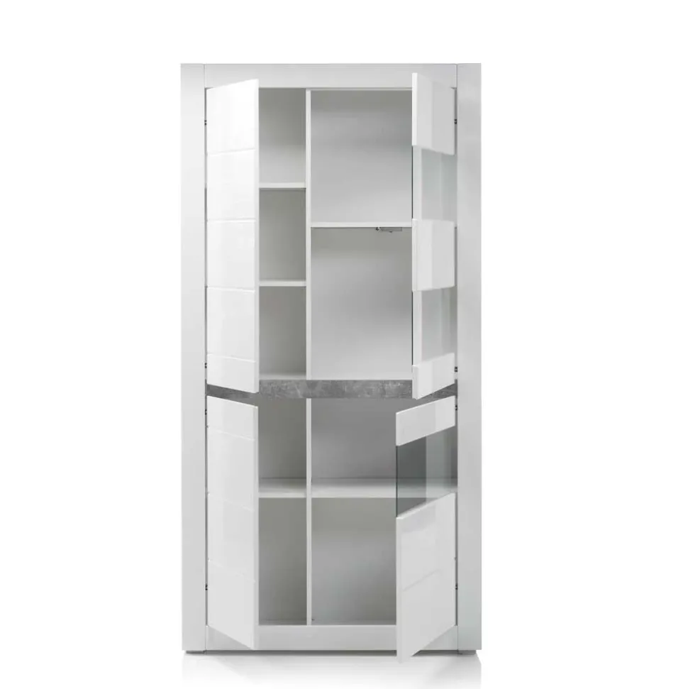 Vitrine in Weiß hochglänzend Mextra mit Absetzung Beton Optik