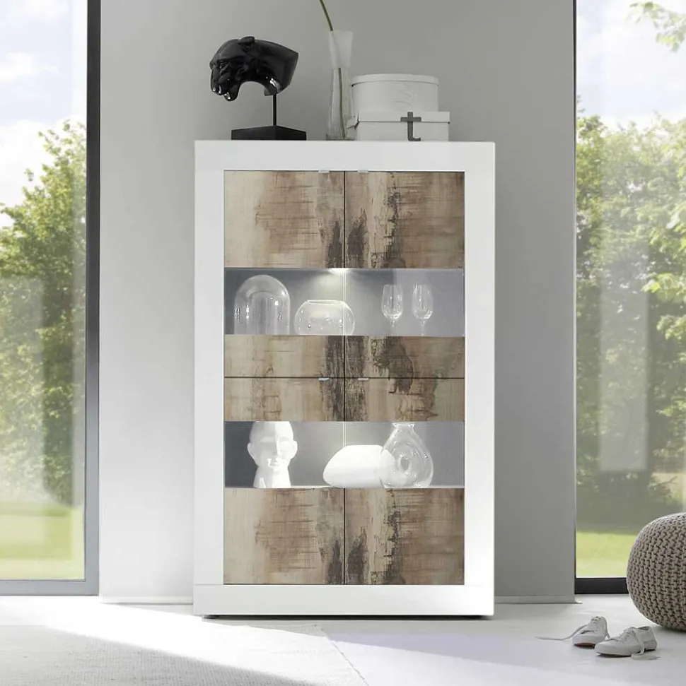 Vitrinenschrank in Holz verwittert & Weiß HG - Olvenion