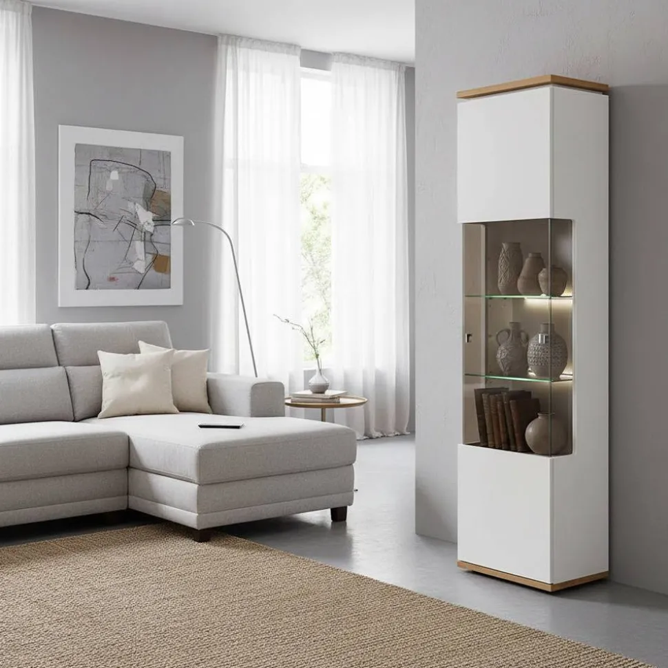 Vitrinen-Schrank in Soft White und Wildeiche - Yordyn