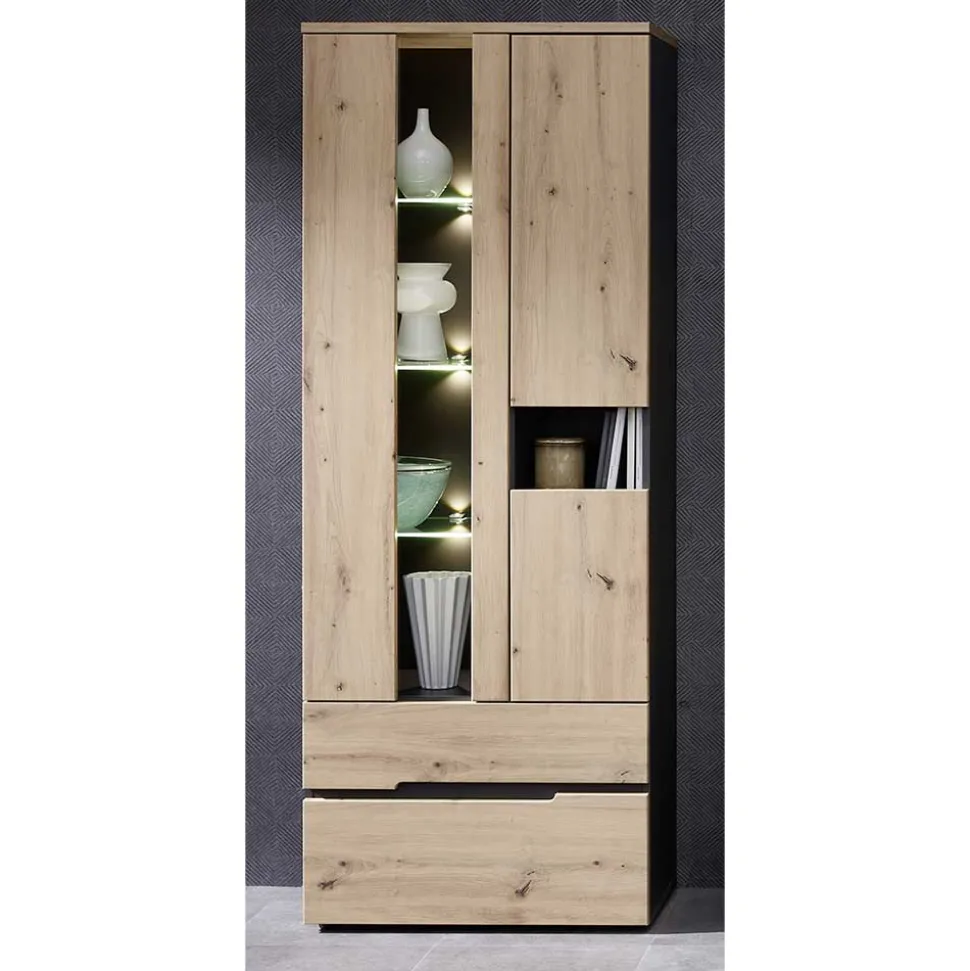 Vitrinenschrank in Wildeiche mit Grau - Kuetra