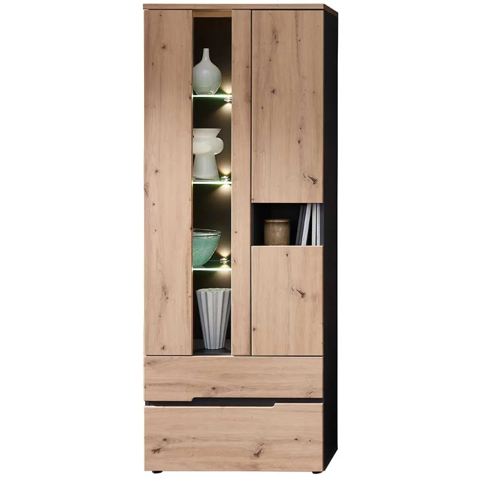 Vitrinenschrank in Wildeiche mit Grau - Kuetra
