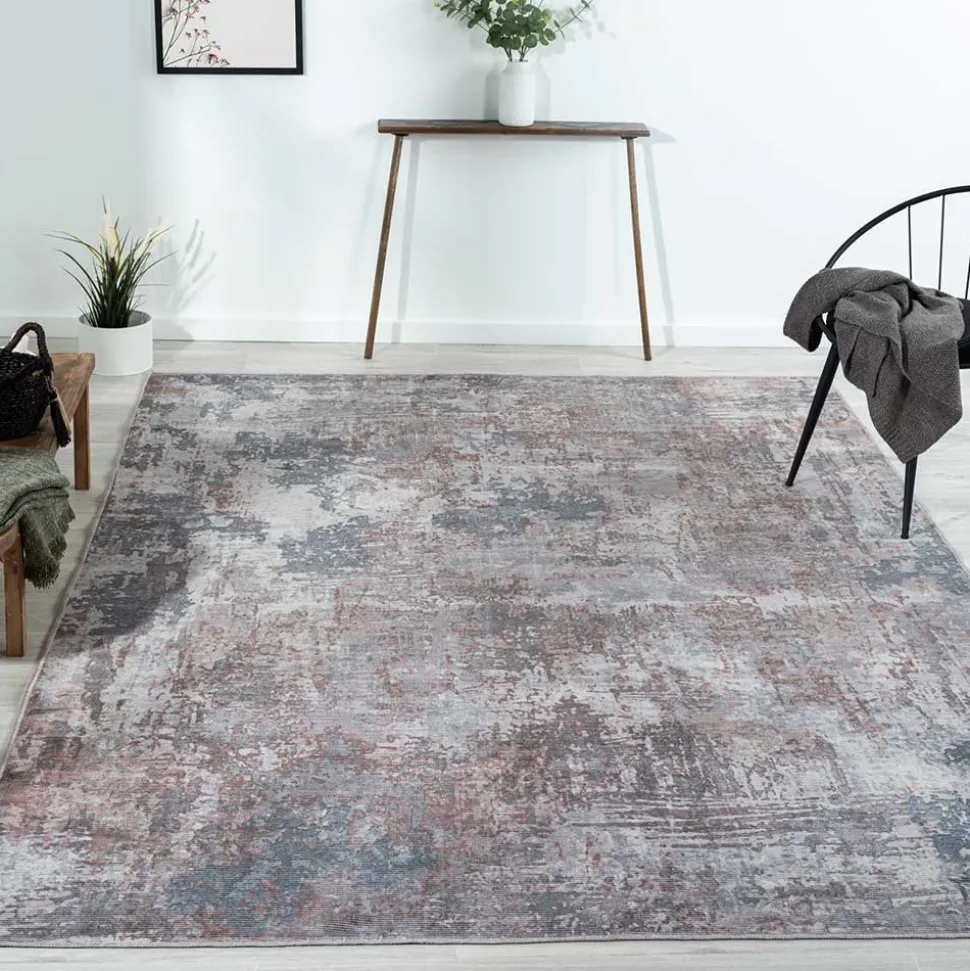 Waschbarer Teppich in Blaugrau und Terracotta - Ursela