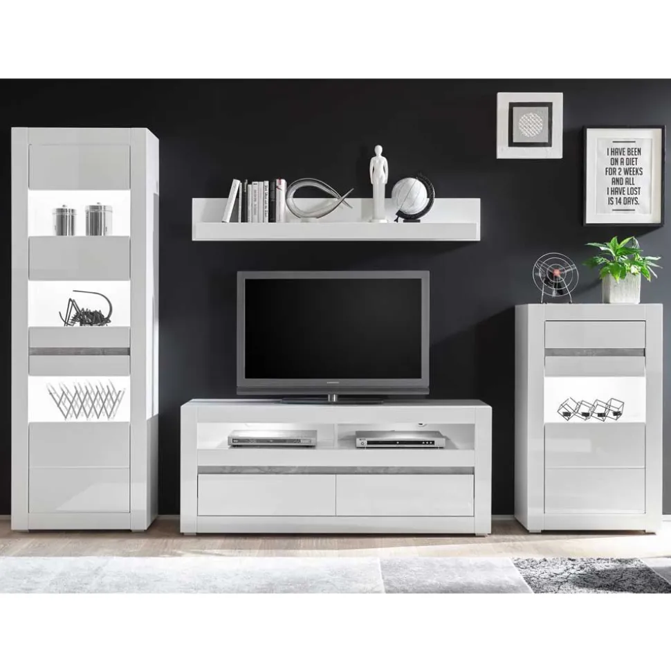 Weiße Hochglanzmöbel für das Wohnzimmer Mextra optional mit LED (vierteilig)