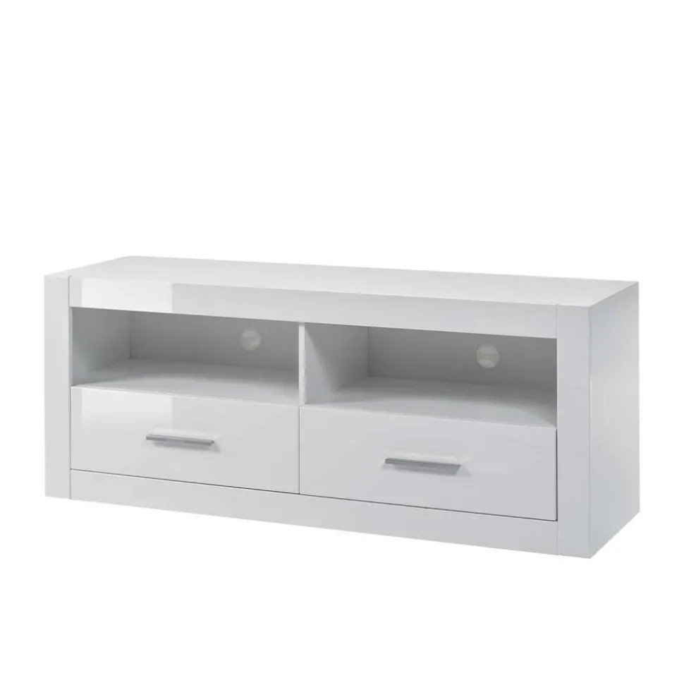 Weiße Wohnwand mit Hochglanz Fronten Yulis optional mit Beleuchtung (vierteilig)