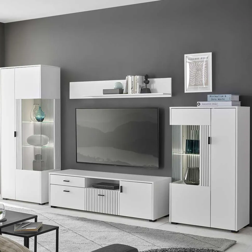 Weiße Wohnzimmerschränke & Wandboard im Set - Dualkos (vierteilig)