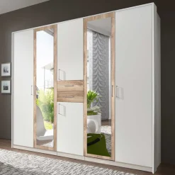 Weißer Kleiderschrank mit Plankeneiche 225 cm breit - Leela