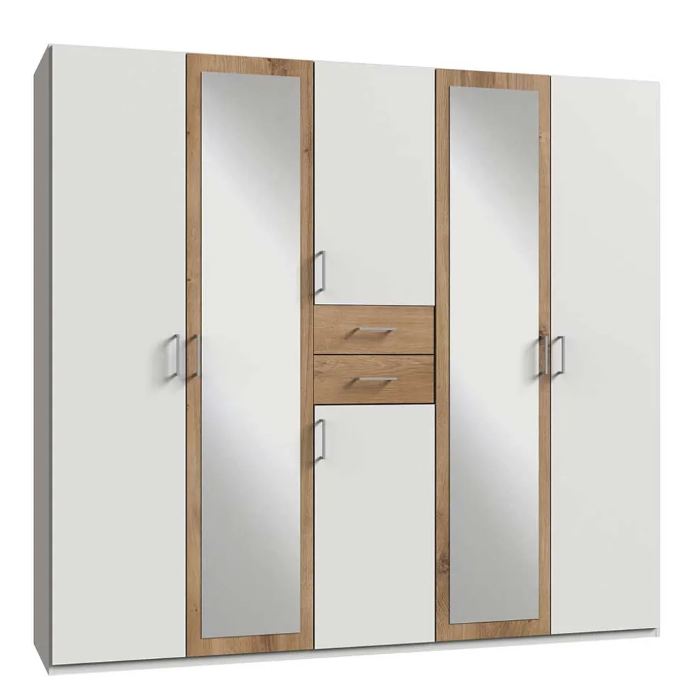 Weißer Kleiderschrank mit Plankeneiche 225 cm breit - Leela