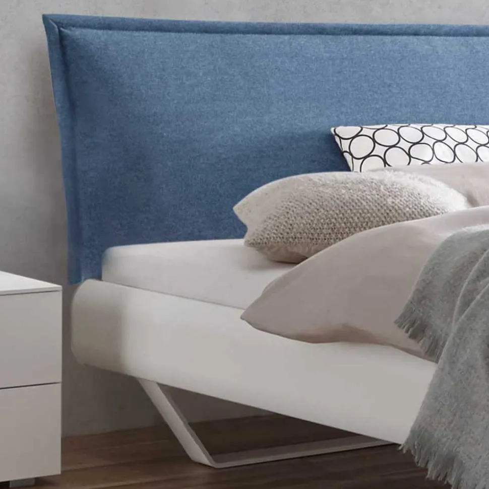 Weißes Designbett mit Polsterkopfteil in Blau - Giralna
