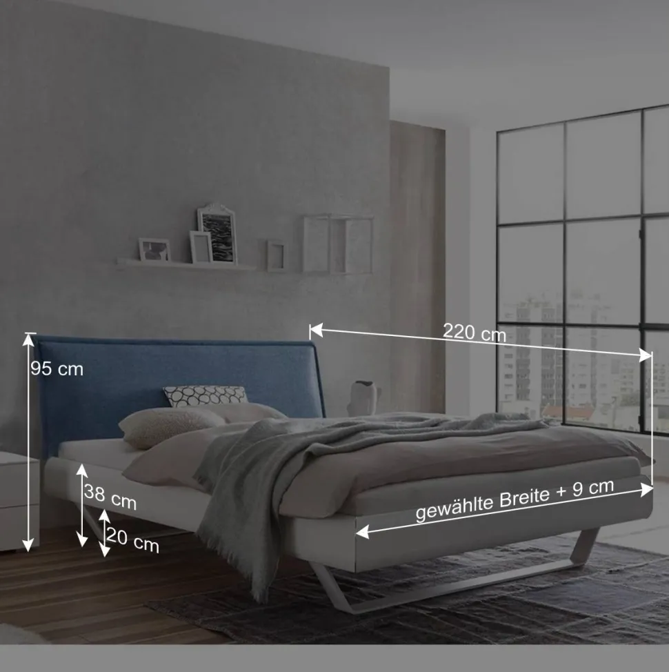 Weißes Designbett mit Polsterkopfteil in Blau - Giralna