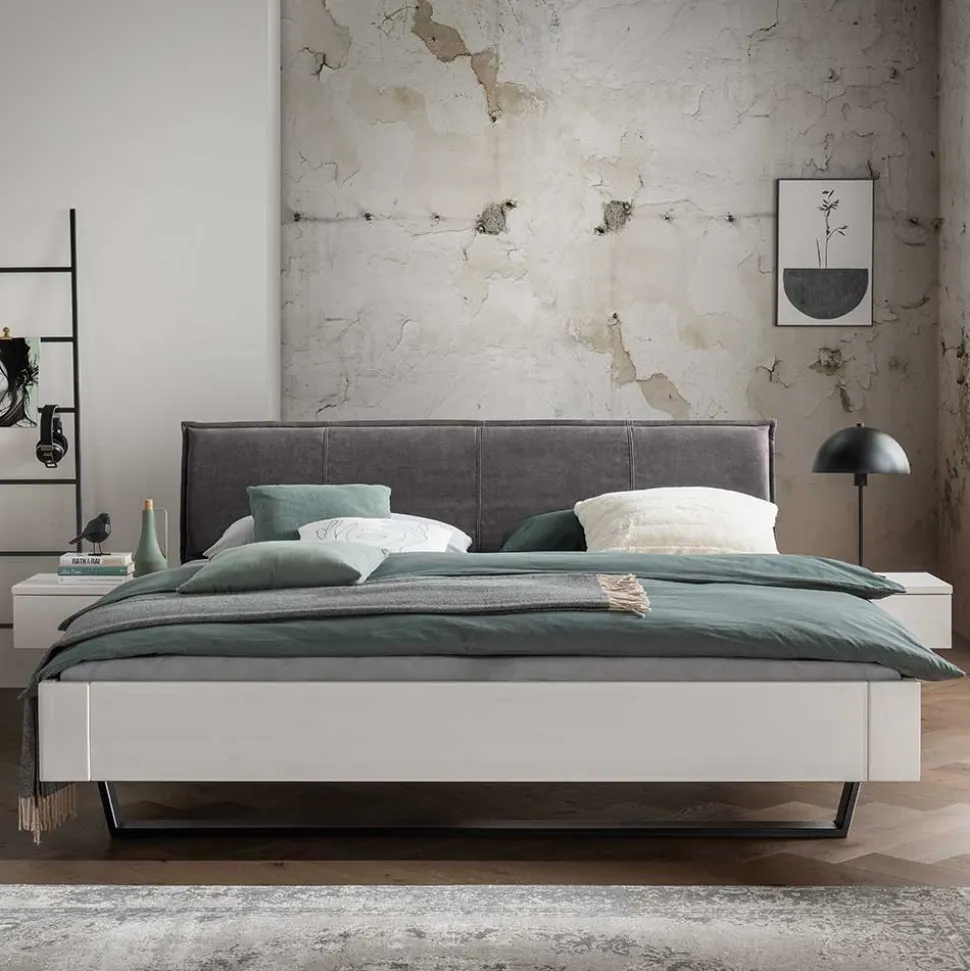 Weißes Designbett mit Stoff-Kopfteil - Fanos