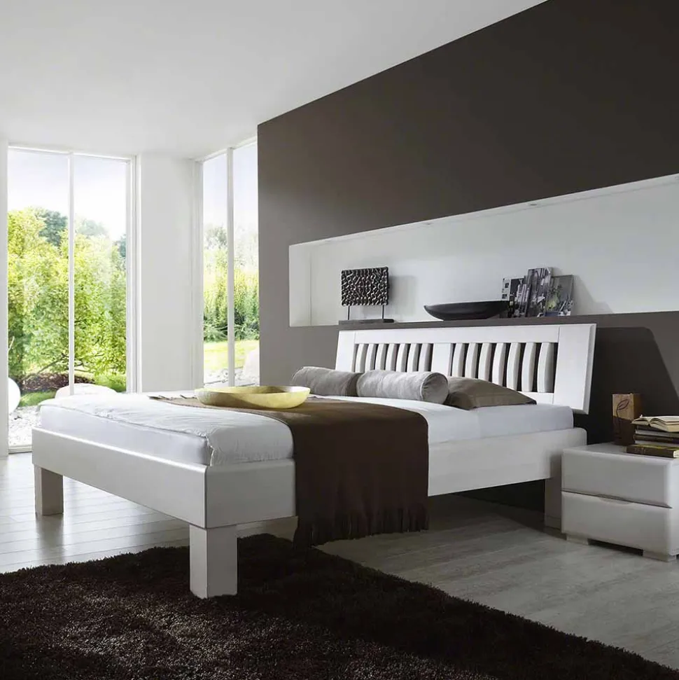 Weißes Doppelbett Calicantas aus Buche Massivholz